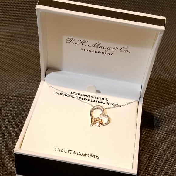 Sterling Silver Necklace Diamond Encrusted Heart & 14k Rose Gold Paw Pendant NWT - Picture 7 of 16